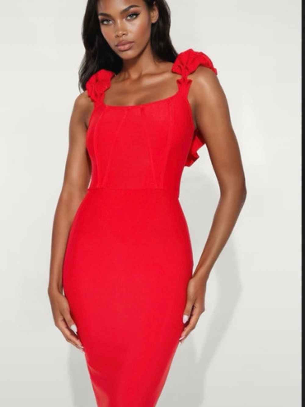 Fashion Nova midi bandage dress with ruffle shoulder